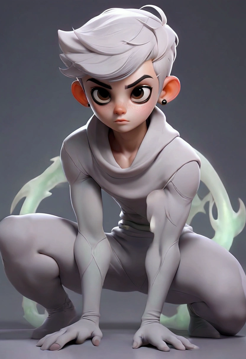 A gray-skinned ghost boy, short hair, black eyes, femboy, with thick thighs and a huge sexy butt