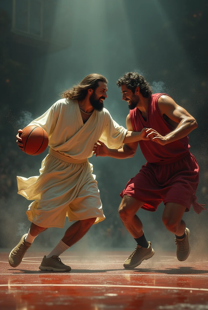 Jesus jugando basketball con el diablo, haciendole un anklebreaker