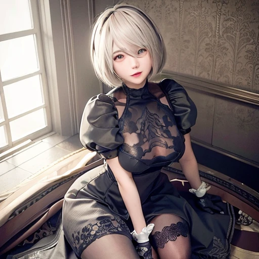 1girl,18yo,good anatomy, masterpiece, best quality,realistic, hyperrealistic, 16k hdr,,(NieR:Automata,2B),black blindfold,black hair band,choker,White High Leg,thigh high boots,Blake Black Skirt,black thigh high socks,Knee-high boots,Cleavage cut,cutting of clothes,high heels,long sleeve,bob cut,silver hair, large breasts,cameltoe,gorgeous panty,dynamic pose,spread legs,outdoor,strong wind,,thong,leaning forward,from below,erected nipples,sexy pose,Magazine cover