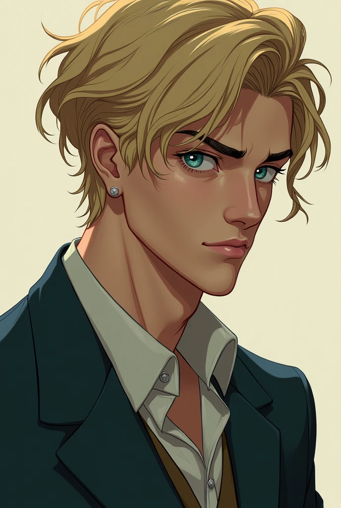 Chico, tall and handsome but with a bitter face, Dark blonde hair and turquoise eyes, wears clothes from the 1950s. anime style.