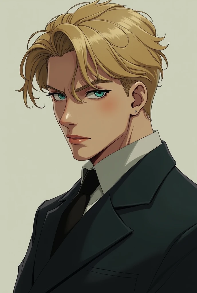 Chico, tall and handsome but with a bitter face, Dark blonde hair and turquoise eyes, wears clothes from the 1950s. anime style.