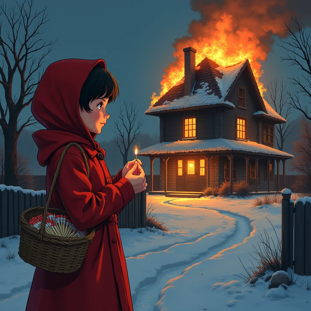 Bold brushstrokes anime style illustration, midwinter night, crazy fun, cinematic lighting, 19th century, European winter night, burning house, the little match girl watches, she lights a match with a satisfied smile. She wears a red coat with a hood and holds a basket of matchboxes under her arm.