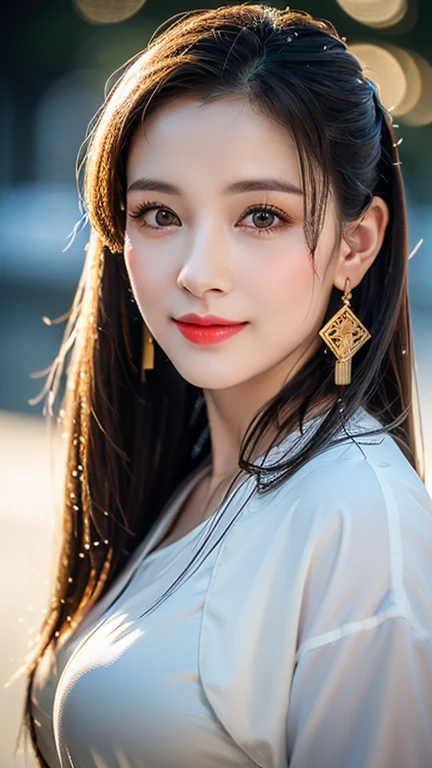 (1 girl, youthful gorgeous Lady,  brown_eyes, brown_hair, cross_earrings, earrings, jewellery, Ancient China, Traditional Hanfu, White Hanfu, Hanfu, natural pose in a snowy night,  

Detailed Beautiful face, Detailed Facial Features, beautiful eyes, dimples, Kind smile, Red lips, short hair, bob hair, cute ponytail, extremely detailed eyes,  extremely detailed face, beautiful detailed lips, long eyelashes, arms close together, ears out, golden ratio face, golden ratio body, perfect body anatomy, huge breasts, big breasts, 

(SNOW:1.3),
Night outdoors,  snow flakes, snow, winter,
(best quality, 4K, 8k, highres, masterpiece:1.2), ultra-detailed, (realistic, photorealistic, photo-realistic:1.37), HDR, UHD, sun light, ultra-fine painting, sharp focus, physically-based rendering, extreme detail description,  professional, vivid colors, award-winning, bokeh, cowboy_shot, SFW, Safe for Work)