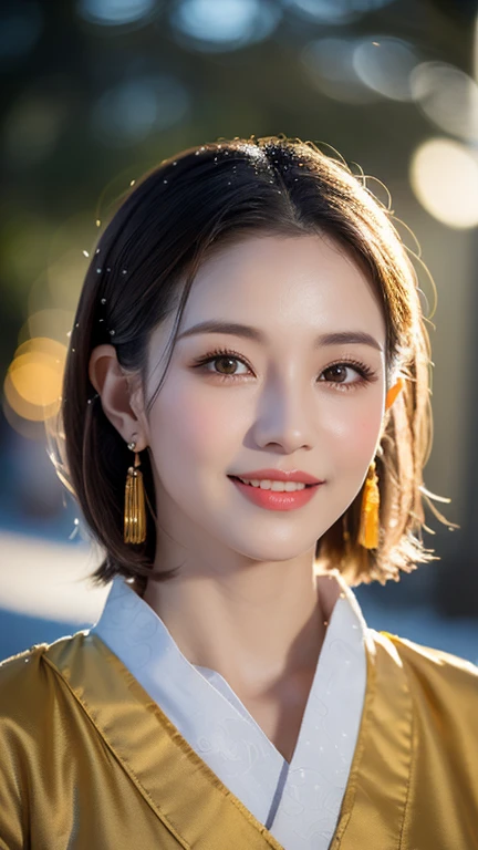 (1 girl, youthful gorgeous Lady, brown_eyes, brown_hair, cross_earrings, earrings, jewellery, Ancient China, Traditional Hanfu, White Hanfu, Hanfu, natural pose in a snowy night,
Detailed Beautiful face, Detailed Facial Features, beautiful eyes, dimples, Kind smile, Red lips, short hair, bob hair, cute ponytail, extremely detailed eyes, extremely detailed face, beautiful detailed lips, long eyelashes, arms close together, ears out, golden ratio face, golden ratio body, perfect body anatomy, huge breasts, big breasts,
(SNOW:1.3),
Night outdoors, snow flakes, snow, winter,
(best quality, 4K, 8k, highres, masterpiece:1.2), ultra-detailed, (realistic, photorealistic, photo-realistic:1.37), HDR, UHD, sun light, ultra-fine painting, sharp focus, physically-based rendering, extreme detail description, professional, vivid colors, award-winning, bokeh, cowboy_shot, SFW, Safe for Work)