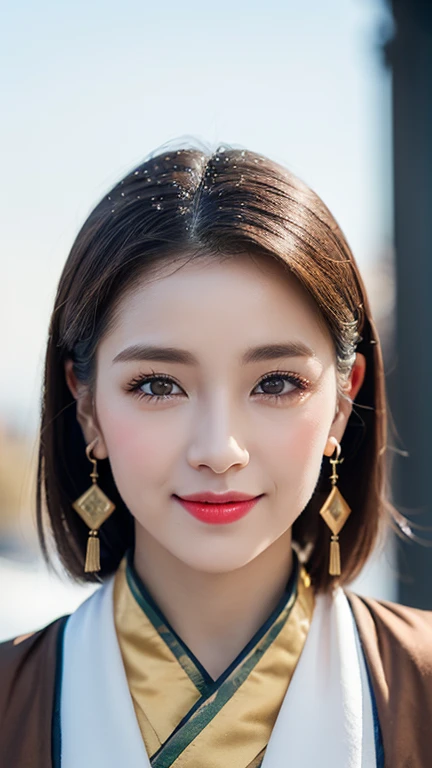 (1 girl, youthful gorgeous Lady, brown_eyes, brown_hair, cross_earrings, earrings, jewellery, Ancient China, Traditional Hanfu, White Hanfu, Hanfu, natural pose in a snowy night,
Detailed Beautiful face, Detailed Facial Features, beautiful eyes, dimples, Kind smile, Red lips, short hair, bob hair, cute ponytail, extremely detailed eyes, extremely detailed face, beautiful detailed lips, long eyelashes, arms close together, ears out, golden ratio face, golden ratio body, perfect body anatomy, huge breasts, big breasts,
(SNOW:1.3),
Night outdoors, snow flakes, snow, winter,
(best quality, 4K, 8k, highres, masterpiece:1.2), ultra-detailed, (realistic, photorealistic, photo-realistic:1.37), HDR, UHD, sun light, ultra-fine painting, sharp focus, physically-based rendering, extreme detail description, professional, vivid colors, award-winning, bokeh, cowboy_shot, SFW, Safe for Work)