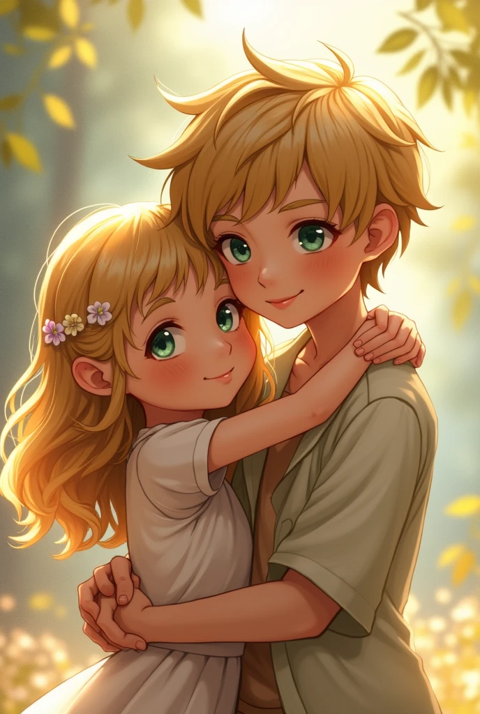 grey-eyed girl with a cheerful and radiant smile, angelic face, very striking, wavy hair below men, hugging a blond-haired boy with emerald green eyes, a face as if created by the gods themselves, with young, manly features