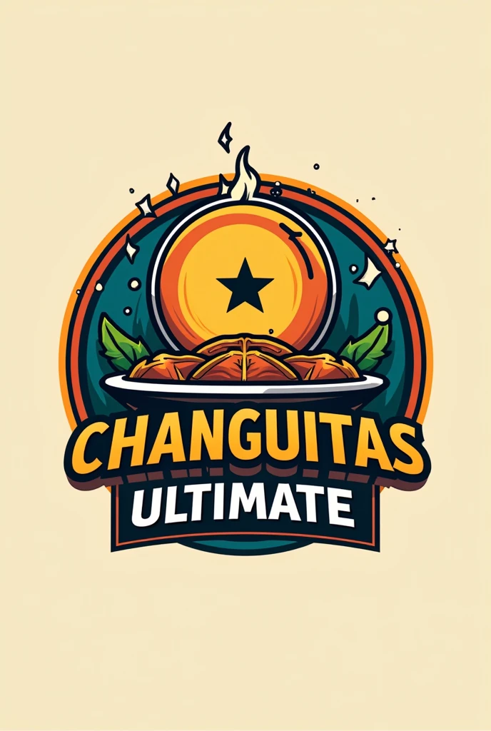 Logo for an ultimate frisbee team containing the word " changuitas ultimate" and that reflects a Colombian changua dish, It's a last minute frisbee disc with a star in the middle and it's inside the plate.