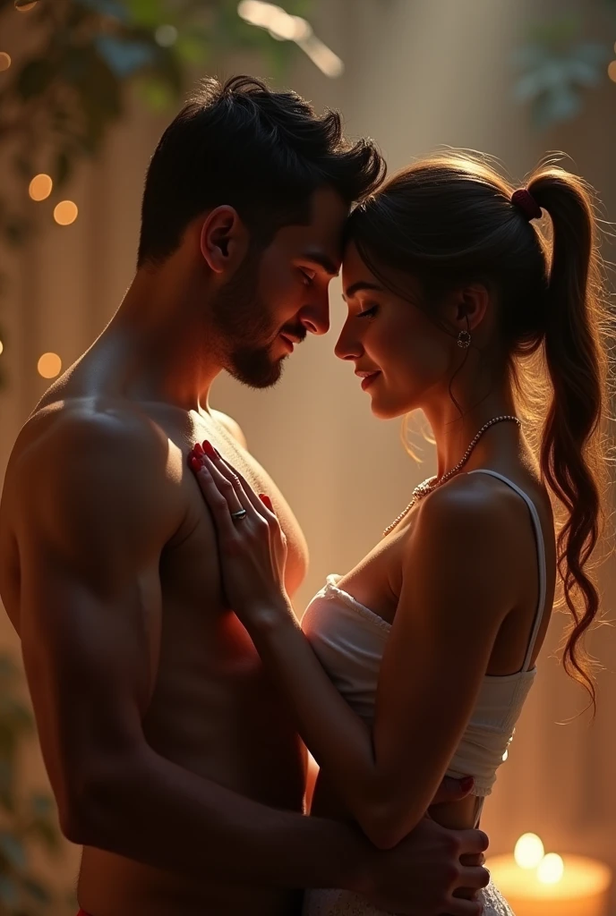 A man with his wife while both are standing, and both of the husband's hands hold his wife's breasts,
