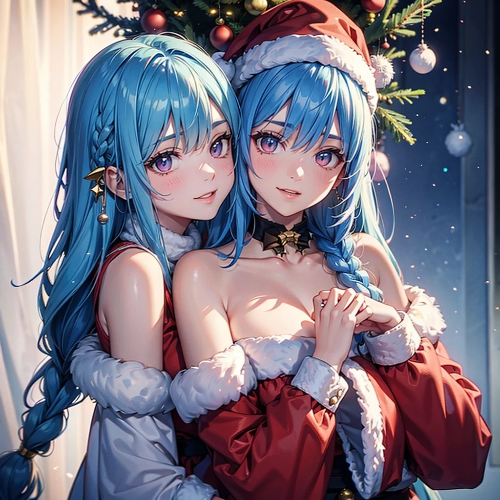 (Sky blue hair),(Braided short hair), (Pink Eyes),Fair skin) ,(whole body),((A huge Christmas tree in the background)),(One person),(Santa Claus clothes),(Cute smile),Santa Claus hat,(Christmas Party),(masterpiece, Highest quality, Very detailed, Best Shadow), (Detailed Background), (Beautifully detailed face), High Contrast, (Best lighting, Very delicate and beautiful), ((Cinematic Light)), Hyper Detail,8k, Dramatic Light, Intricate details,