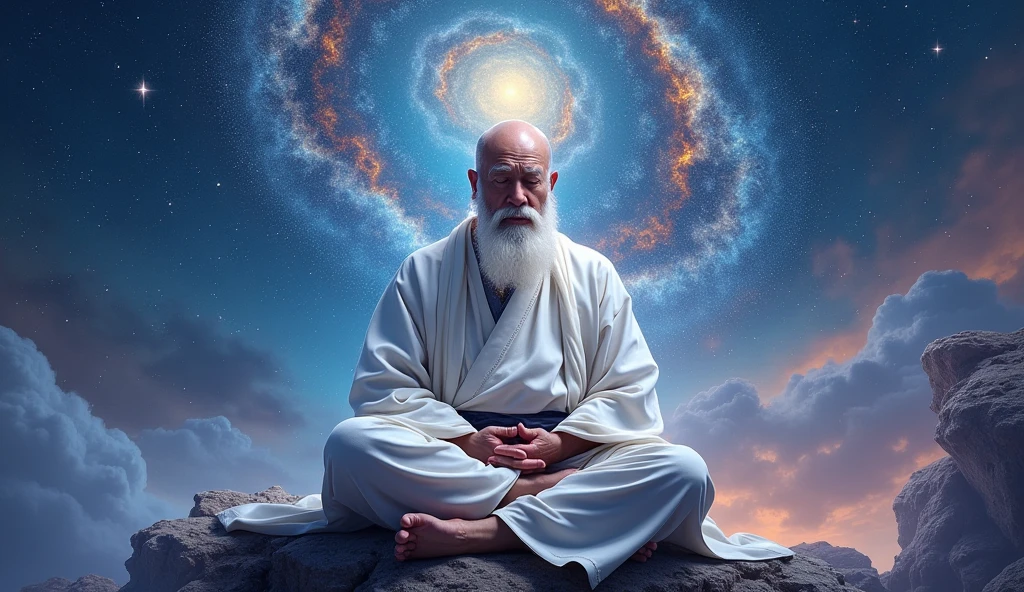 Middle-aged Bonze Elder seated in blue galaxy closeup, no hair, A meditator, With a white beard, Meditation crossed legs, Taoism, Wearing a white robe and white belt, in the center, Facing the lens, Starry sky space, Milky Way, Guru, Taoism,cosmic background,Very Bright Color, Light Grain, with glowing light, Mshiv, art wallpaper, UHD wallpaper