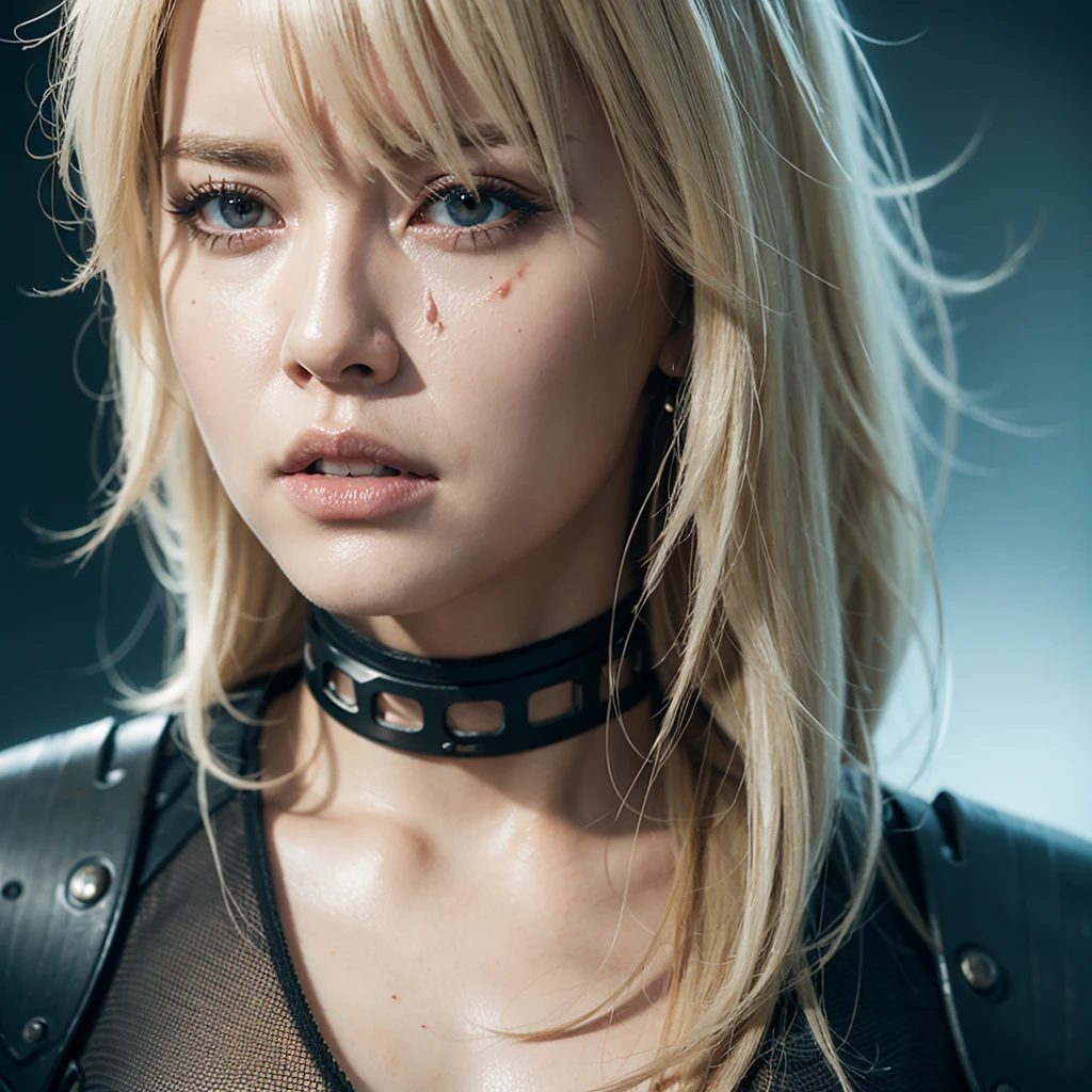 a beautiful woman with blonde hair, Sarah Paulson, cyborg eyes that look painful and bleed, ultra-detailed, hyper-realistic, cinematic lighting, moody, dark fantasy, dramatic pose, intricate details, dramatic lighting, photorealistic, digital art, muted colors, 8K