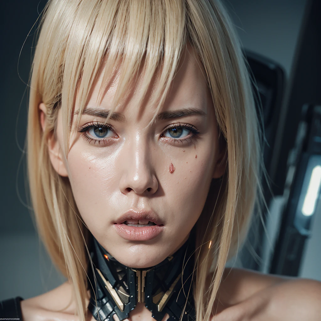 a beautiful woman with blonde hair, Sarah Paulson, cyborg eyes that look painful and bleed, ultra-detailed, hyper-realistic, cinematic lighting, moody, dark fantasy, dramatic pose, intricate details, dramatic lighting, photorealistic, digital art, muted colors, 8K