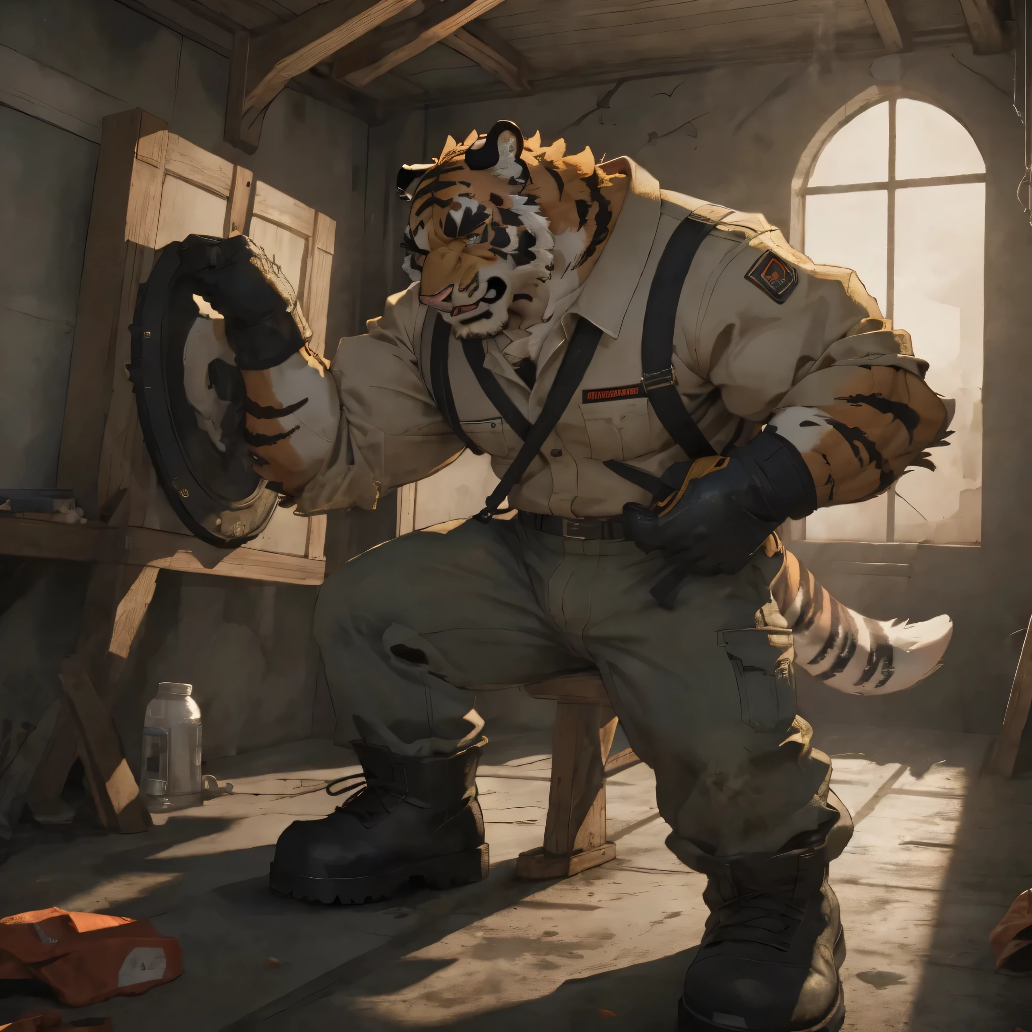 A furry personalization, worker tiger anthro, sweating, tiger wearing old and dirty construction clothes, tiger wearing dirty stained worker gloves and black filthy rubber boots, the tiger at the basement of the building, the tiger is forcing his inferior wolf anthro to lick the tiger's boots and satisfied the tiger's foot fetishes, 4k, high resolution, best quality, posted on e621, solo, furry personalization, male, adult, masculine, correct anatomy, (by Bontiage:1), black lineart, black outline, flat coloring, (strong shadows, dark shadows:1.2), working pose, portrait, ultra-detailed, portrait, cinematic lighting, dramatic shadows, moody lighting, gritty, rugged, muscular, grease stained, dirty, mucky, greasy, rough, mature, intense expression
