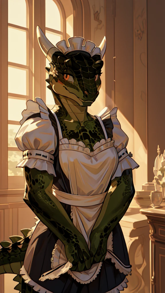 anime, hdr, soft light, ((best quality)), ((masterpiece)), (detailed), lustyargonian, maid, colored skin, green skin, maid headdress, tail, horns, (scales:1.2), (snout, animal nose:1.1), blush, embarrassed, (looking at viewer:1.1), cowboy shot,  (sexy undressing pose:1.5), mansion, (nsfw:0.35)