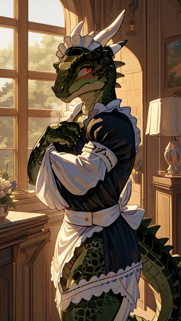 anime, hdr, soft light, ((best quality)), ((masterpiece)), (detailed), lustyargonian, maid, colored skin, green skin, maid headdress, tail, horns, (scales:1.2), (snout, animal nose:1.1), blush, embarrassed, (looking at viewer:1.1), cowboy shot,  (sexy undressing pose:1.5), mansion, (nsfw:0.35)