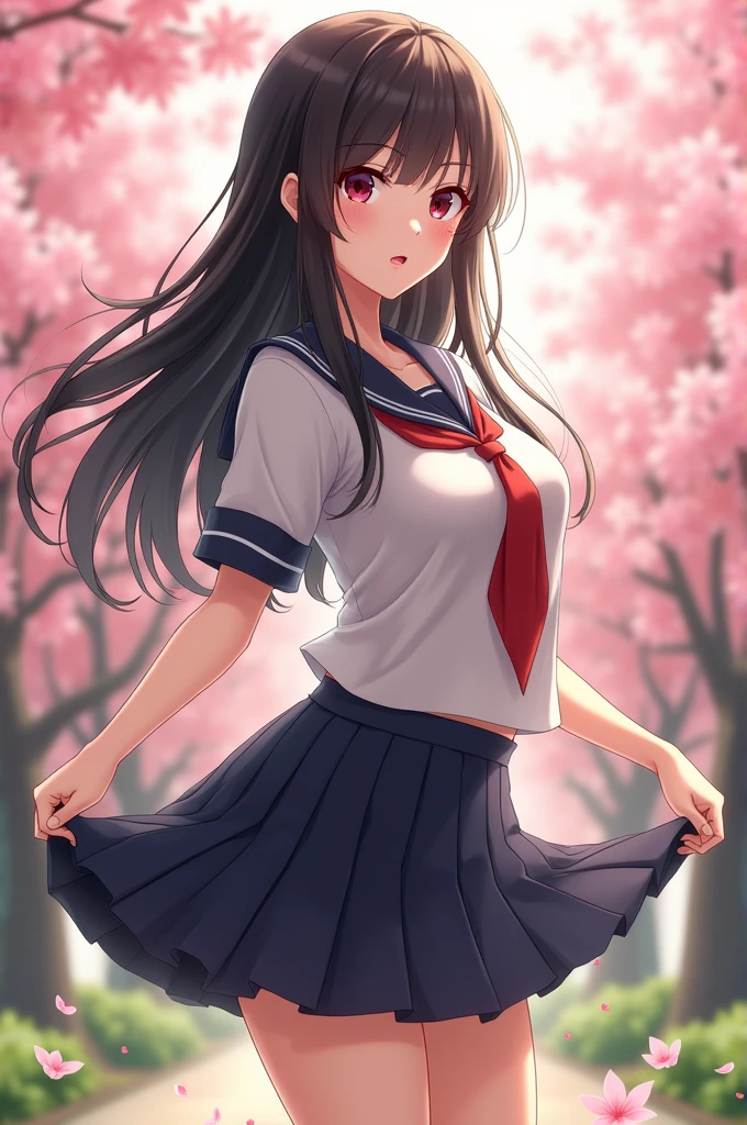 Wearing a sailor suit、She lifts her skirt to show her underwear、Japan beautiful girl with long black hair