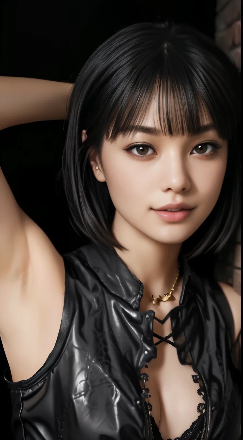 masterpiece、top quality、realistic、(surrealism), (enlightenment), (highest resolution), (8k), (very detailed), (The best enlightenmentns), Tsurime,(beautiful and delicate eyes), (top quality), (very detailed), (masterpiece), (wallpaper), (detailed face), bed、Upper body close-up,armpit, a charming smile,smirk,((closed mouth)),chubby,solo,（black leather bra:1.5）, full of sweat, Japanese, big bust, ((split)), (camel toe)、busty、luxury living room、The ultimate beautiful girl、(((lace up black corset)))、（thick gold necklace）、black hair、((Short hair)), ((bob hair))、(((blunt bangs))),No Retail、armpit、