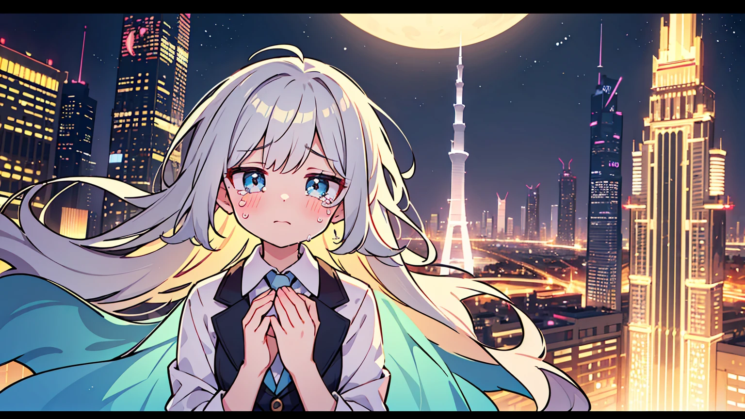 (masterpiece, best quality),1 woman,letterboxed, perfection of fashion,Cry out loud,Hazy, suit,upper body, side,With a lake, crying,The sadness of heartbreak,Shedding tears,Night view of Dubai Tower, Neon signs are full of hair and crying