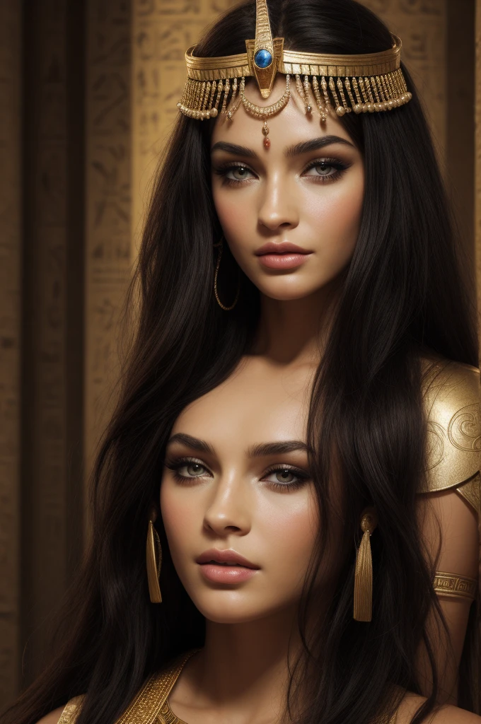 a close up of a woman wearing a gold crown and blue beads, cleopatra portrait, beautiful cleopatra, ancient libu princess, egyptian princess, egyptian, cleopatra, portrait of megan fox as a queen, portrait of cleopatra, egyptian makeup, egypt makeup, digital art picture, black emma watson as egyptian, digital art illustration, sumerian goddess inanna ishtar