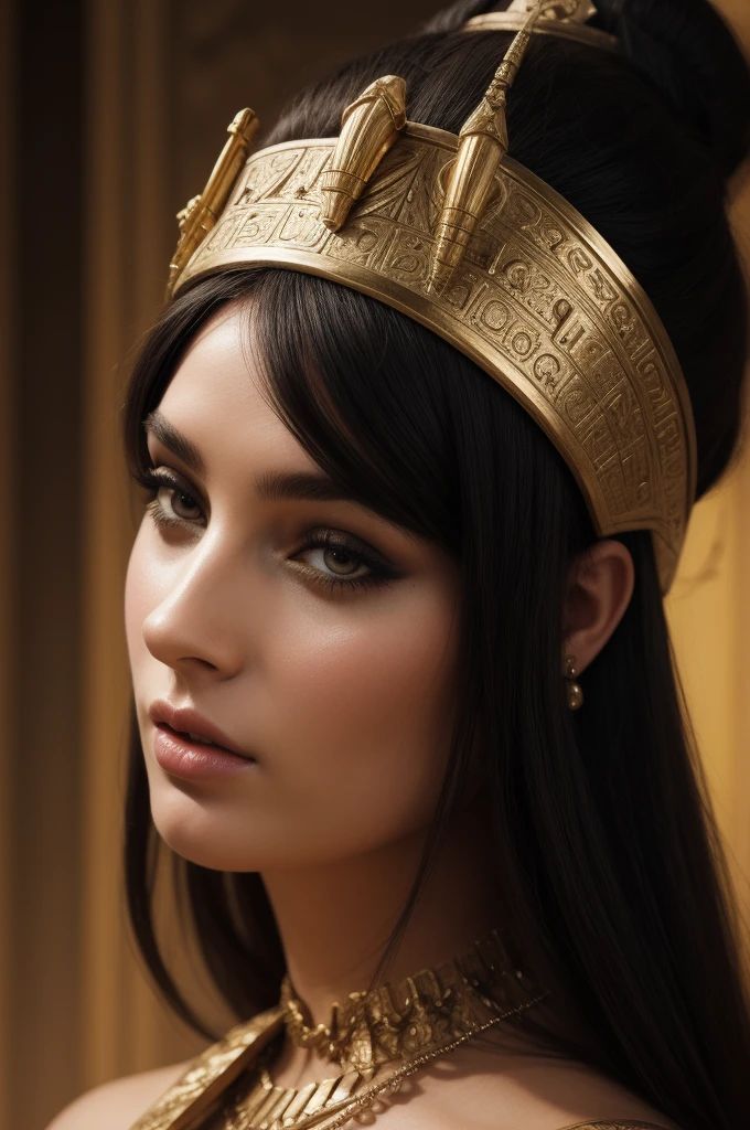 a close up of a woman wearing a gold crown and blue beads, cleopatra portrait, beautiful cleopatra, ancient libu princess, egyptian princess, egyptian, cleopatra, portrait of megan fox as a queen, portrait of cleopatra, egyptian makeup, egypt makeup, digital art picture, black emma watson as egyptian, digital art illustration, sumerian goddess inanna ishtar
