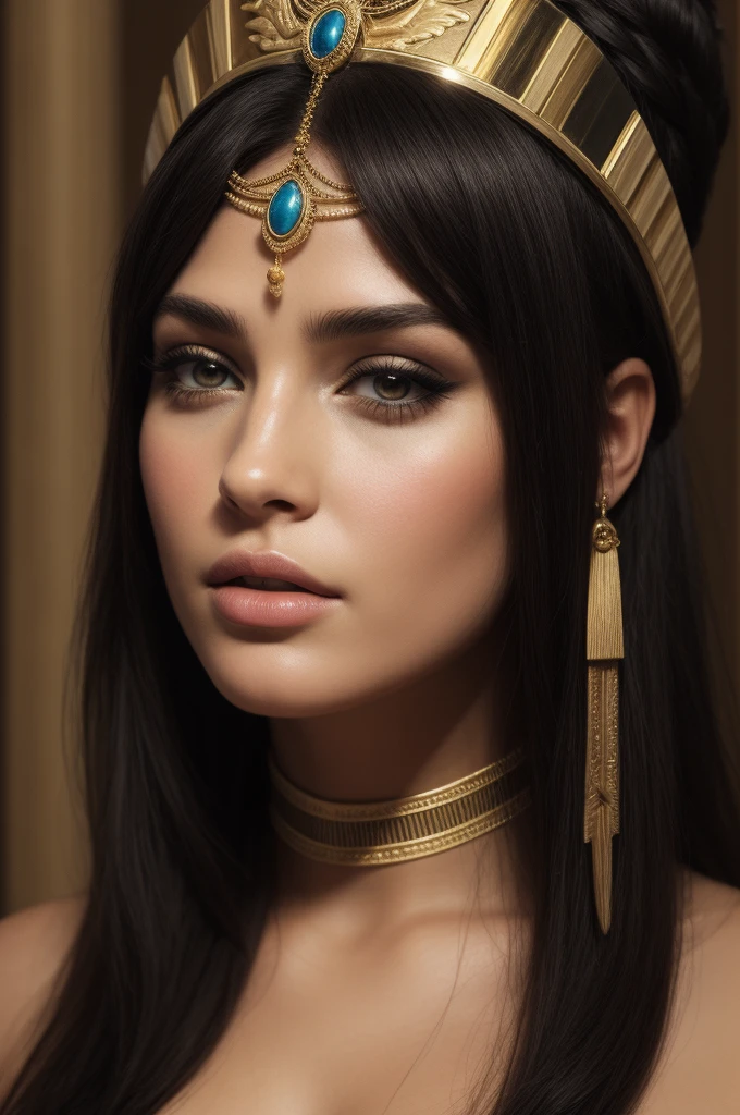 a close up of a woman wearing a gold crown and blue beads, cleopatra portrait, beautiful cleopatra, ancient libu princess, egyptian princess, egyptian, cleopatra, portrait of megan fox as a queen, portrait of cleopatra, egyptian makeup, egypt makeup, digital art picture, black emma watson as egyptian, digital art illustration, sumerian goddess inanna ishtar