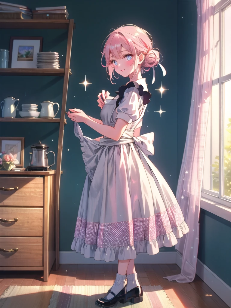 ((8k, Highest quality, masterpiece: 1.3)),Ultra-high resolution,(1 girl, alone), (Color changing eyes, Ultra-detailed, Expressive brilliance, Glitter, Glowing Eyes), Highly detailed eyes, Highly detailed face, Random Hair, ((pastel colour)),A beaming young woman with pastel pink hair styled into a messy bun, standing near her closet in her brightly lit bedroom during a sunny afternoon. She is dressed in a sweet yet subtly sexy 1950s housewife cosplay, wearing a polka-dotted dress with a fitted waist, an apron tied around her waist, and a pair of kitten heels. The camera captures her from a side angle as she adjusts her apron with a playful smile, her expression full of vintage charm and delight. The room is filled with natural light, with a few retro kitchen accessories on a nearby shelf, a small radio playing in the background, and a nostalgic, homely atmosphere.