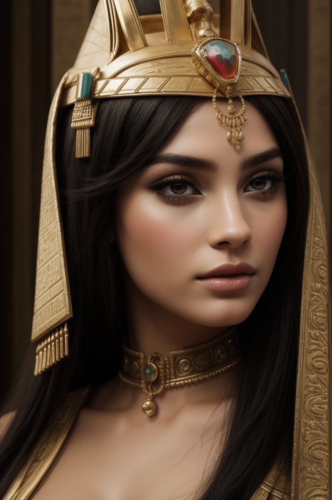 a close up of a woman wearing a gold crown and blue beads, egyptian art inspired by Lü Ji, trending on deviantart, digital art, cleopatra portrait, beautiful cleopatra, ancient libu princess, egyptian princess, egyptian, cleopatra, portrait of megan fox as a queen, portrait of cleopatra, egyptian makeup, egypt makeup, digital art picture, black emma watson as egyptian