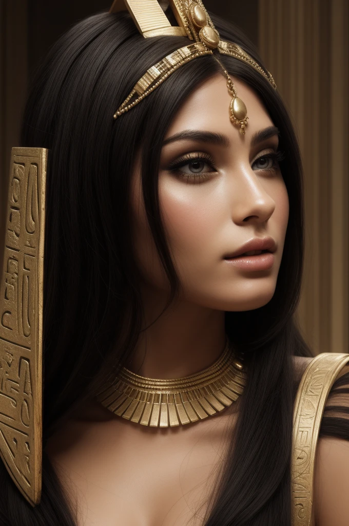 a close up of a woman wearing a gold crown and blue beads, egyptian art inspired by Lü Ji, trending on deviantart, digital art, cleopatra portrait, beautiful cleopatra, ancient libu princess, egyptian princess, egyptian, cleopatra, portrait of megan fox as a queen, portrait of cleopatra, egyptian makeup, egypt makeup, digital art picture, black emma watson as egyptian