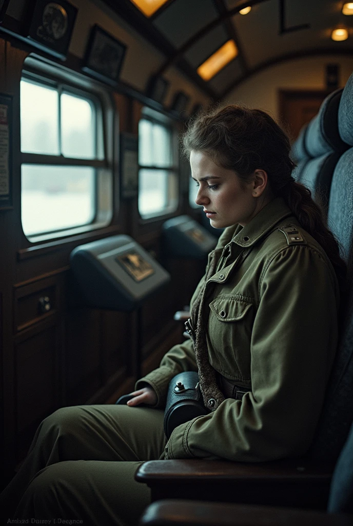 masterpiece, best quality,Soviet female soldiers,Steam locomotive interior,,World War II,TRAIN STATION,About to travel,dimly lit scene,Dim Lights,Snow outside the window