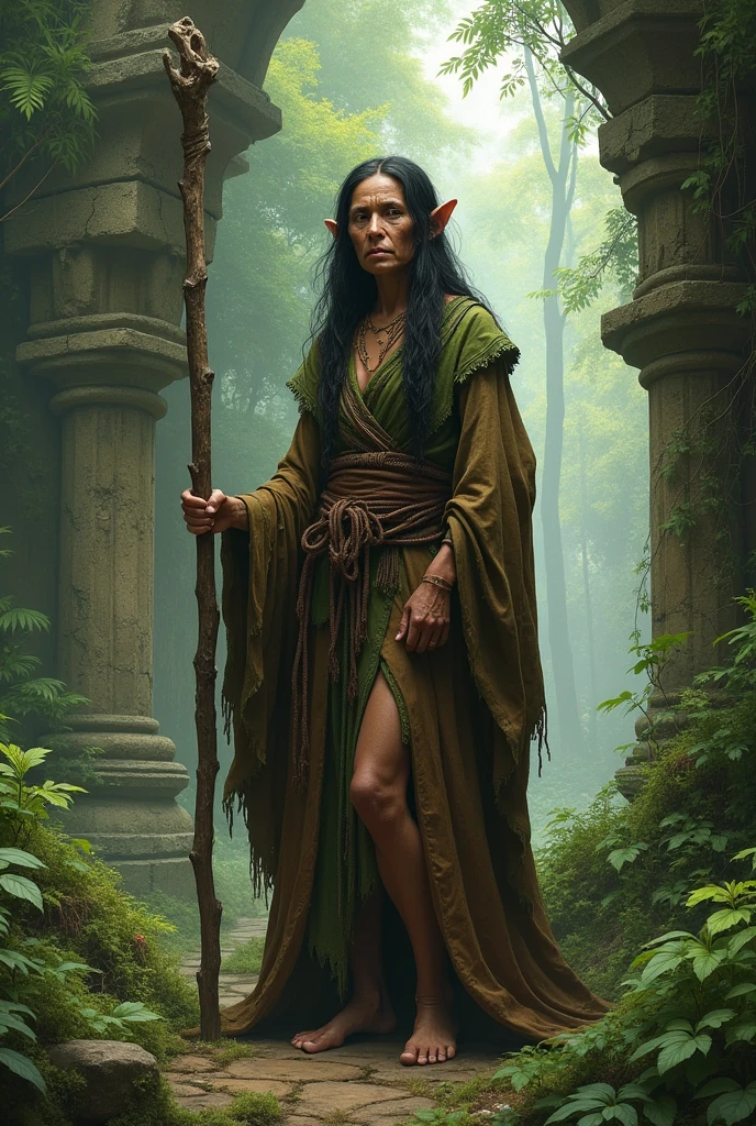 Create a dungeons and dragons character image of an older female native tribal elve mage with light brown skin, small lips, pointed ears long unkempt wild black hair in a brown and  green robe made of leafs holding a wooden staff  in ruin in a forest