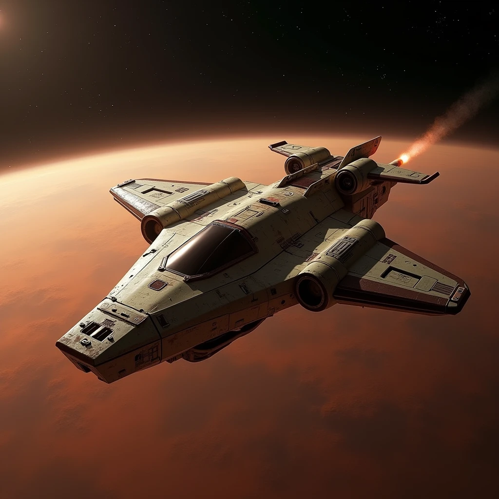 Supply carrier, shuttle ship, science fiction, low technology, Mars, satellite orbit, realistic, precision, masterpiece