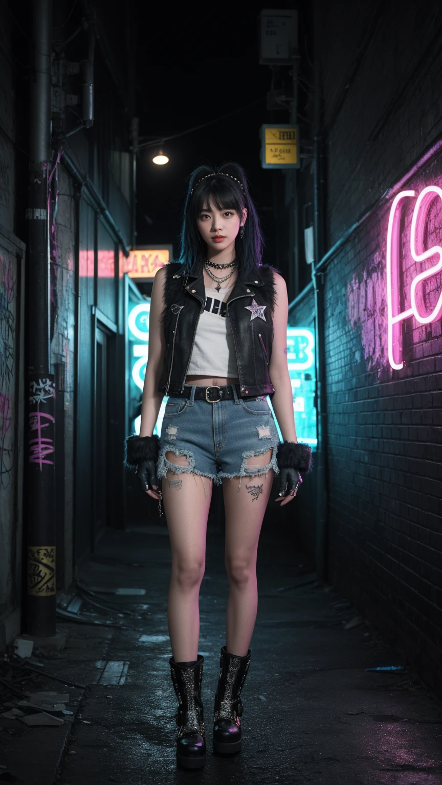 A girl posing in a grungy, neon-lit urban alleyway. Black emo half hair, The girls wear edgy streetwear, jeans denim skirt, fur boots, glitter star hairclip, aesthetic top Y2K, vest, pearls and stars belt, half finger gloves, The alleyway is dark and atmospheric, with graffiti-covered walls and glowing neon signs, grungy aesthetic, high angle, night