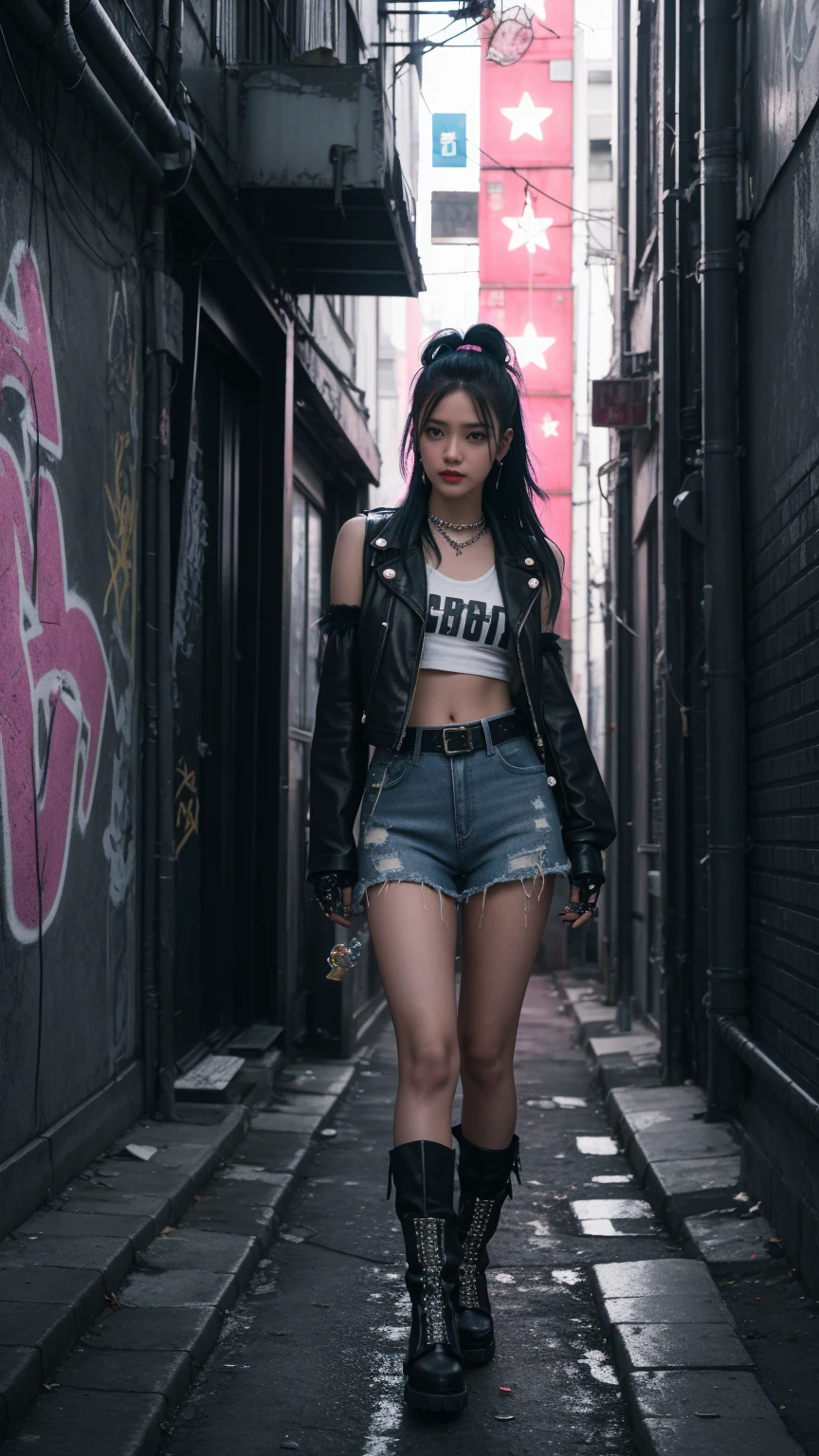 A girl posing in a grungy, neon-lit urban alleyway. Black emo half hair, The girls wear edgy streetwear, jeans denim skirt, fur boots, glitter star hairclip, aesthetic top Y2K, vest, pearls and stars belt, half finger gloves, The alleyway is dark and atmospheric, with graffiti-covered walls and glowing neon signs, grungy aesthetic, high angle, night