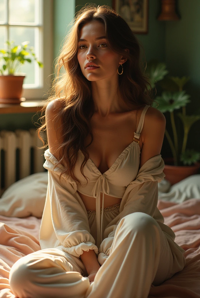 (photorealism:1.2), beautiful woman, sitting on bed, wearing loose off-shoulder top, pajama pants, long curly hair, indoors, soft lighting, plants in background, window with sunlight, cozy room, relaxed pose, realistic, intricate details, warm colors, by Greg Rutkowski, by Alphonse Mucha