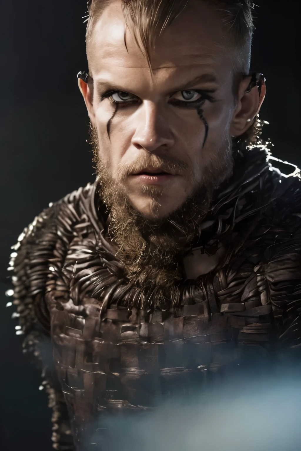 Hyper-realistic:1.4,  cinematic artwork portrait of Floki from the Vikings series, detailed face:1.4, captured in a dynamic pose with the sensation of movement, as if he's emerging from shadows in a dense, misty forest. His intense gaze and intricate facial tattoos are emphasized, reflecting his eccentric and mystical nature. The scene is bathed in a cold, harsh light that contrasts with the dark, ominous surroundings, capturing the grim atmosphere of the Viking era. The image should convey a sense of depth, with a strong focus on three-dimensionality, highlighting Floki's enigmatic and chaotic personality, set against the backdrop of the Norse world. (((Cinematic Full moon background))).