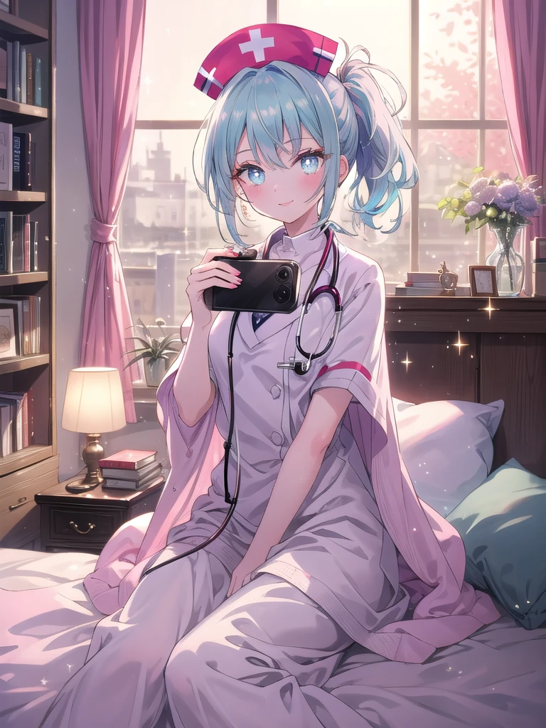 ((8k, Highest quality, masterpiece: 1.3)),Ultra-high resolution,(1 girl, alone), (Color changing eyes, Ultra-detailed, Expressive brilliance, Glitter, Glowing Eyes), Highly detailed eyes, Highly detailed face, Random Hair, ((pastel colour)),A playful young woman with pastel blue hair styled into a loose ponytail, sitting at her vanity in her softly lit bedroom during a quiet evening. She is dressed in a simple yet subtly sexy nurse cosplay, wearing a white dress with a red cross on the chest and a small nurse's cap perched on her head. The camera captures her from a slightly low angle as she smiles warmly while holding a stethoscope, her expression full of care and kindness. The room is warmly lit by a bedside lamp, with a few medical books on the vanity, a cozy blanket draped over the bed, and a calming, comforting atmosphere.

