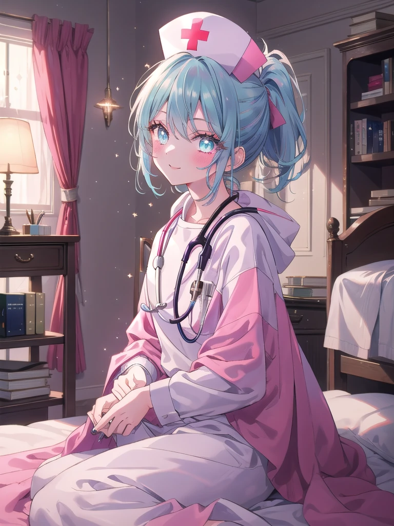 ((8k, Highest quality, masterpiece: 1.3)),Ultra-high resolution,(1 girl, alone), (Color changing eyes, Ultra-detailed, Expressive brilliance, Glitter, Glowing Eyes), Highly detailed eyes, Highly detailed face, Random Hair, ((pastel colour)),A playful young woman with pastel blue hair styled into a loose ponytail, sitting at her vanity in her softly lit bedroom during a quiet evening. She is dressed in a simple yet subtly sexy nurse cosplay, wearing a white dress with a red cross on the chest and a small nurse's cap perched on her head. The camera captures her from a slightly low angle as she smiles warmly while holding a stethoscope, her expression full of care and kindness. The room is warmly lit by a bedside lamp, with a few medical books on the vanity, a cozy blanket draped over the bed, and a calming, comforting atmosphere.