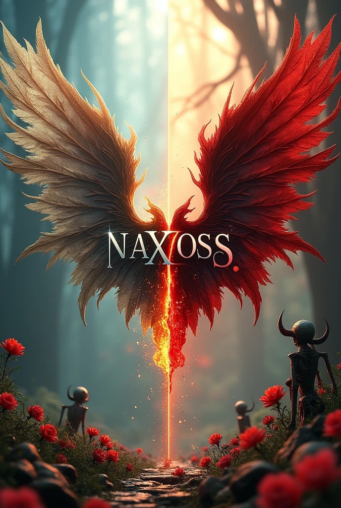 There is a white fantasy title "NAXZOSS" written on a half cutted white wing of a fairy and half cutted wing of a devil. The wings are covered with blood and fire. The background is half fairy land where fairies & some flowers and half background is devil land where devils & skeletons. A realistic, 3D, aesthetic, and fantasy poster.