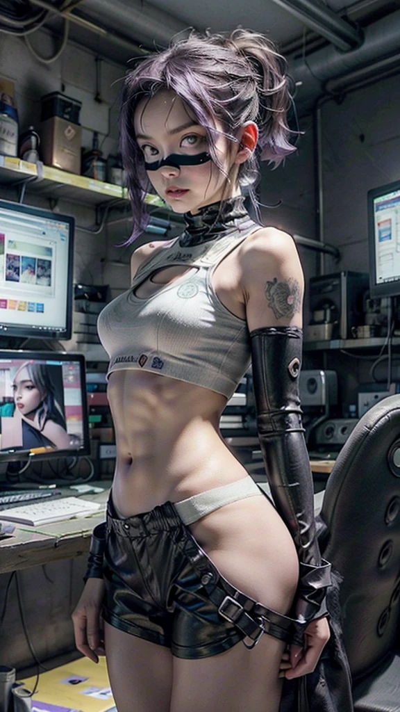 A hot cute young woman dressed in sexy cyberpunk clothes, facing away, bubble butt, a little smile, standing in front of a wall of computers, intricate designs, Smokey room, Celtic tribal tattoos, ((purple eye iris, flat chested, toned abs, baby face)), (intense colors), undercut purple hair with ponytail, cyberpunk background, dressed in cyberpunk leather clothes, cameltoe showing, puffy vulva