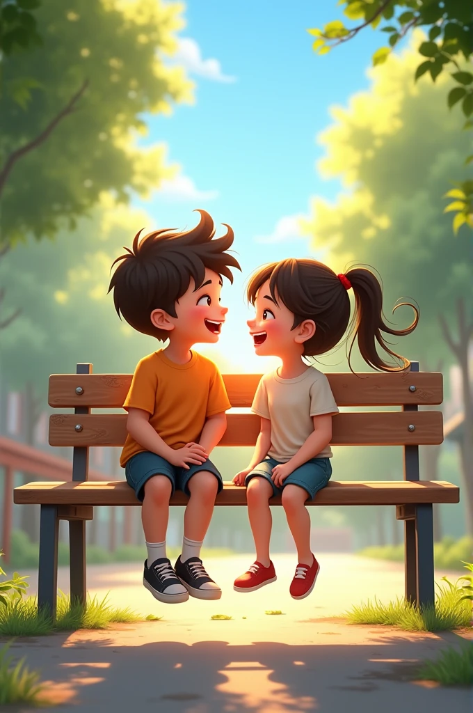 . **Childhood Friendship:** A young boy and girl sitting side by side on a school bench, sharing a joyful conversation.