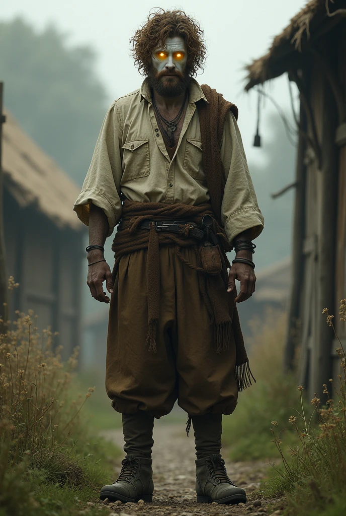 1.90 tall man with white skin, peasant clothes, brown curly hair and eyes shining in yellow color