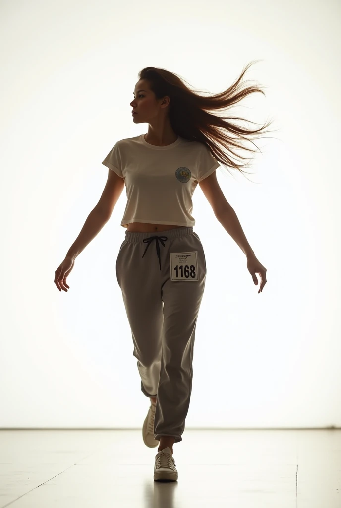 a woman wearing tshirt and sweat pant, long hair, giving dance audition, number sticker on tshirt, on stage in bright white light
