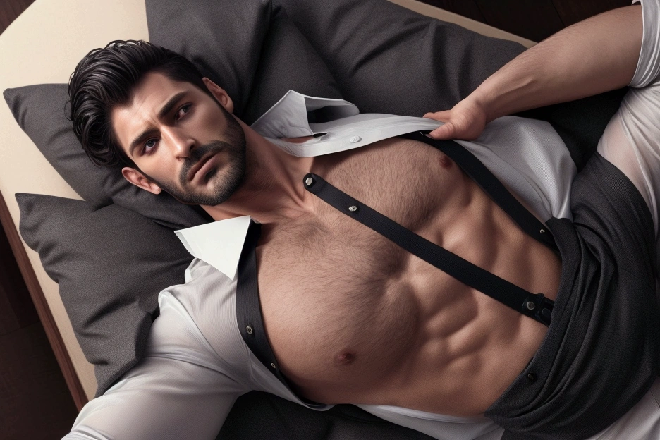 man, 30 years old, Handsome and elegant,with beard, Wearing a transparent shirt, sexy , Masculine and handsome,musculous,Muscles look good,hairy bodies, with fair skin,, Full body photo,(ultra-detailed, photorealistic, best quality, 4k, 8k, highres, masterpiece:1.3), charming , (muscular build body), wearing tailored shiny dress shirt, with the top button casually undone, perfectly fitted charcoal trousers, sweat, unbutton buttons shirt, lewd face ,tight chest, sex, erotic, horny, Accessories include a luxury wristwatch , in crowded places,looking at viewer,muscle veins, sexy posing,lying on the ground,top view,Wet shirt reveals muscles,No underwear