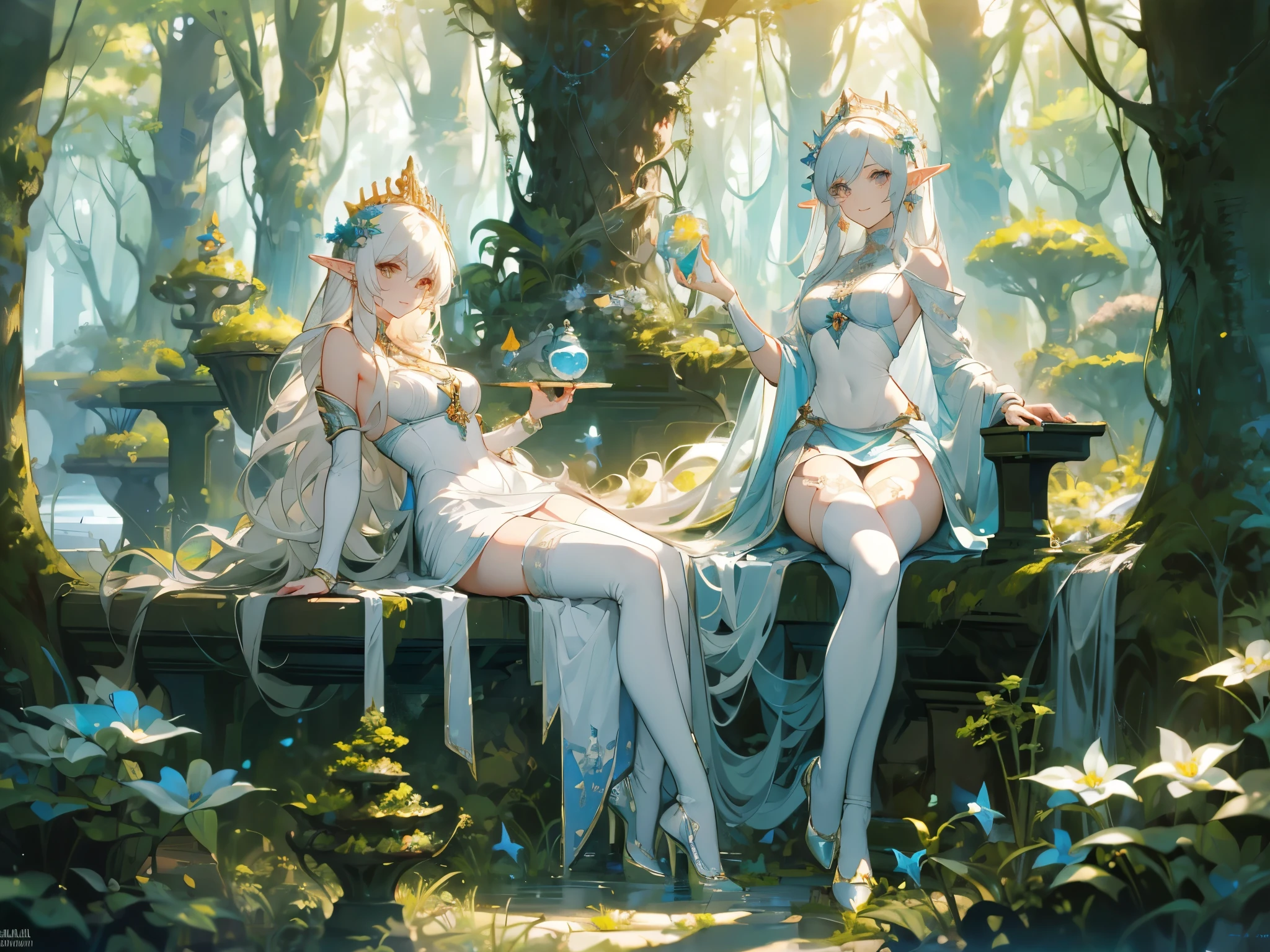 ((masterpiece， best quality))，Elf，Royal sister，forest，Sea of trees，Pure white background，Detailed face，Smile，whole body，Perfect body proportions，Glowing milky white eyes，sexly，Lush foliage and warm sunshine，Tattoo，extremely beautiful，transparent，High heel，Fishnet stockings，Star decoration,