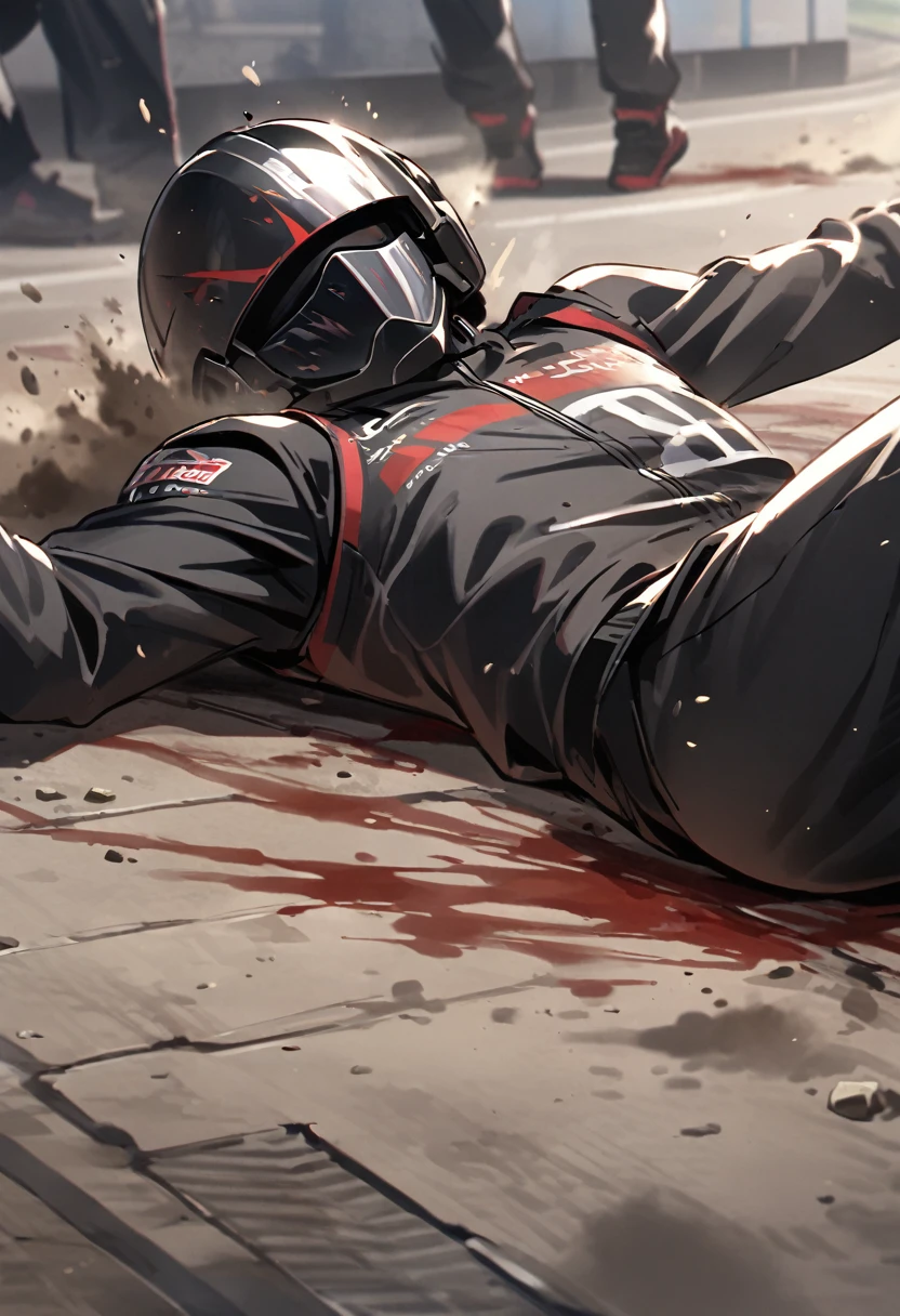 Male black racer, lies on the asphalt, blood, dust, black helmet, crashed, black clothes, race