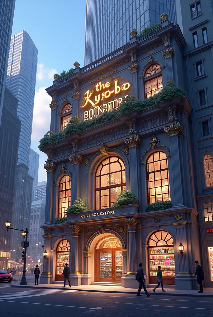 Please make the exterior of a large bookstore located in the city center look like a real photo.. Please make the bookstore sign read 'Kyobo Bookstore'