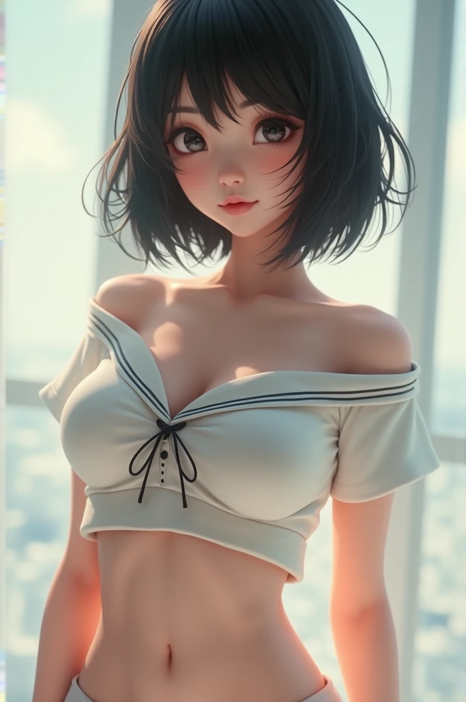 Highest quality,Very detailed,masterpiece,Realistic,8k,Realistic,(Please shine a light on my face、Bright lighting:1.4),one person&#39;s, Very beautiful girl, (cute:1.2),A faint smile,　Big eyes、double　(Very short black hair:1.4),Perfect glowing skin、Has a nose bridge、erotic,Sexy and sexually explicit　Big Breasts　Very large breasts　Big Breasts 9.0 Obese 8.0 Wide hips　Large waist　Thick thighs　Thick legs　White Sailor Suit　cuteスカート　The skirt is short　The thighs are exposed　Big Breasts 小さいサイズ セーラー服　Accentuate your breasts　Panty shot　Panty shot　pants　pants　underwear　underwear　