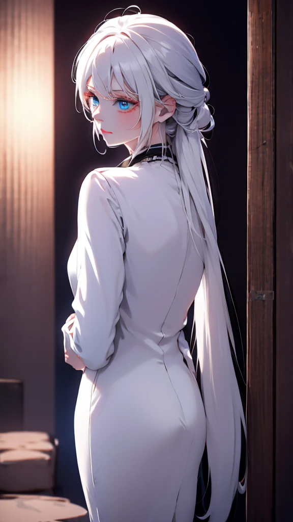 1 Girl, medium light white hair, light blue eyes, wearing Black Suit 4D , night club TOWN , high res, ultrasharp, 8K, masterpiece, looking from behind