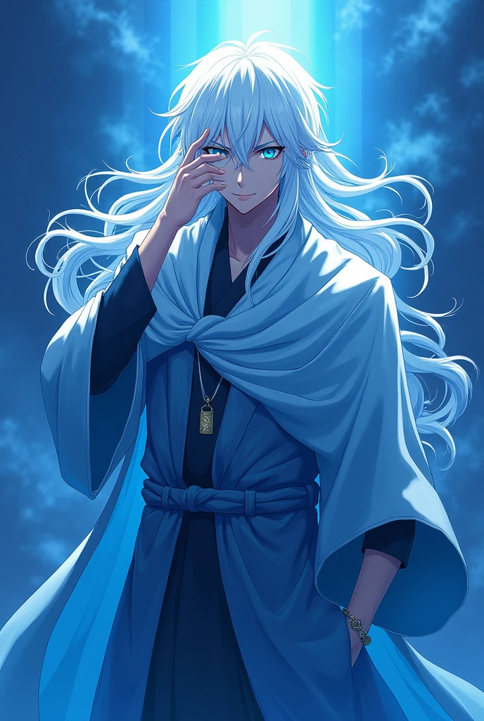 gojo satoru from jujutsu kaisen drawing with only the shade of color blue for the artwork no other colors, with a calm unique divine and majestic pose showcasing and emphasizing his eyes. one of his hand on his eye and his hair is flowing through the wind (six eyes) (male white hair)
