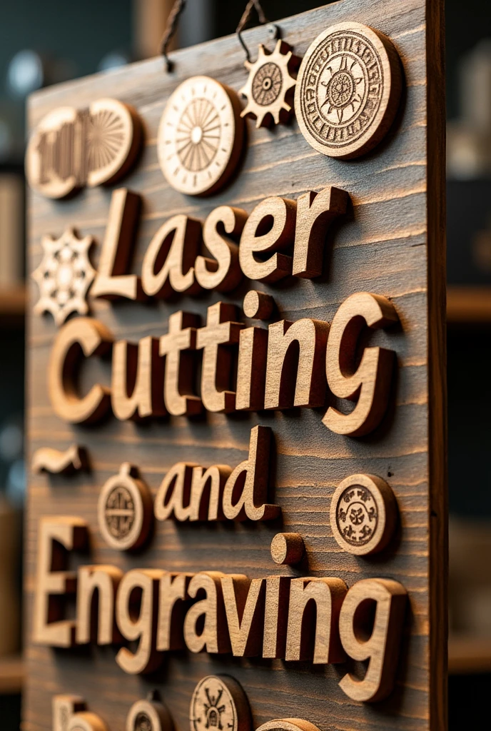 An eye-catching advertisement featuring a wooden sign with the words "Laser Cutting and Engraving" prominently displayed. The words are cut out in 3D, bold, and cursive typography, giving the illusion that a laser is actively cutting through the wood. The background showcases various finished products created through laser cutting and engraving, such as decorative signs, logos, and intricate designs. The overall design exudes modernity and innovation, capturing the attention of potential customers who are in search of precision and quality.